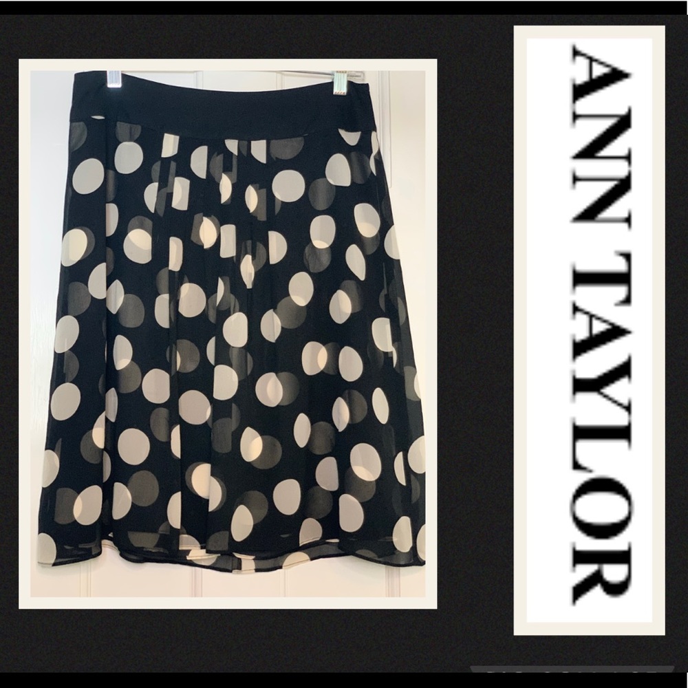 Ann Taylor Black Crepe Silk Skirt with Cream Polkadots